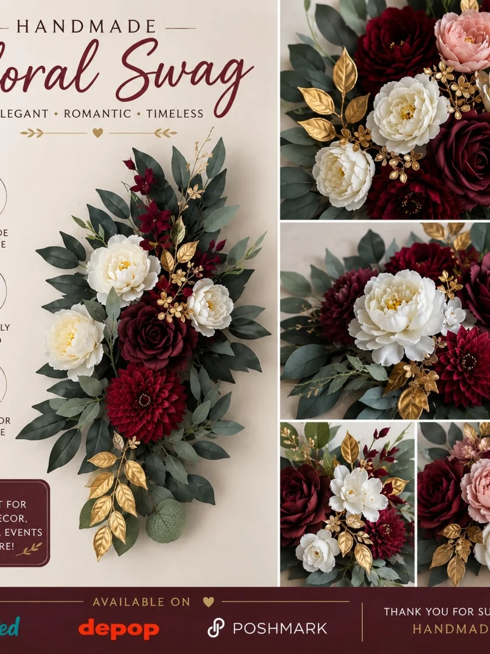 Handmade Floral Swag - Burgundy & Cream Wall Accent